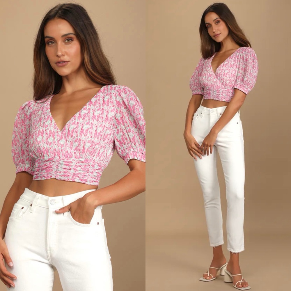 LULUS Picked for You Pink Floral Print Pleated Tie-Back Crop Top